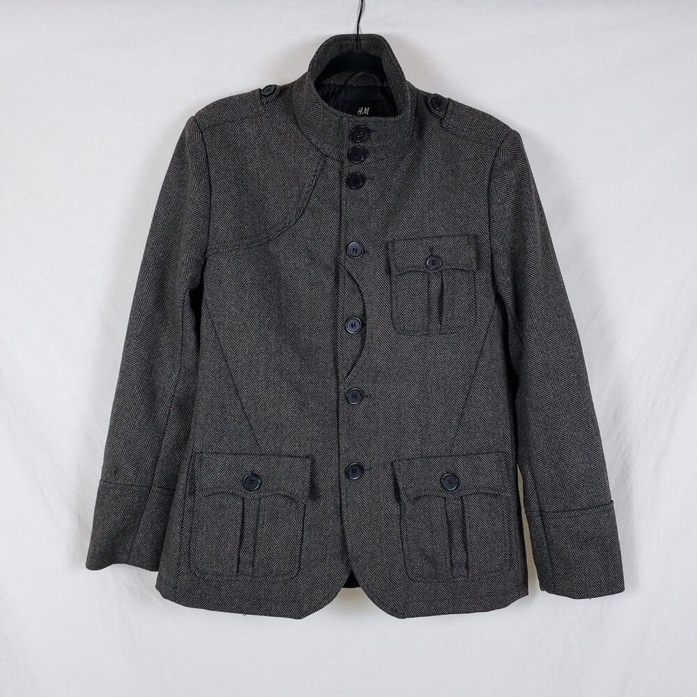 H&M Heritage Wool-Blend Herringbone Military Jacket Mens 38R Taupe Elbow Patches
